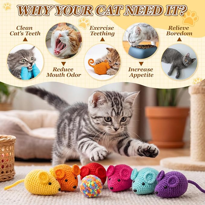 Shappy 16 Pcs Crochet Cat Toys Set, 8 Knitted Mice 8 Cat Ball Toys with Bell Inside, Yarn Mouse Animals for Medium Indoor Cats, Kitten Play Chew Accessories