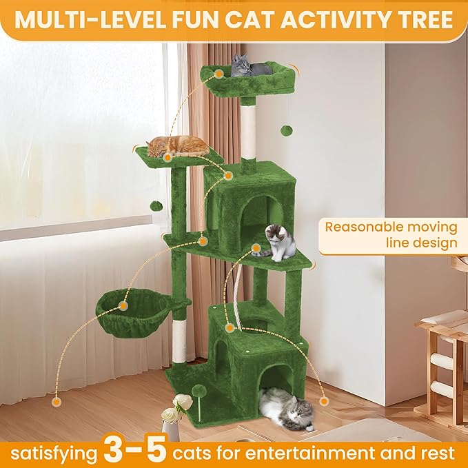 54-Inch Cat Tree Tower with 2 Caves & 2 Pompoms - Multi-Level Tower for Indoor Cats, Soft Plush Condo with Scratching Posts - Sturdy Base for Large Cats(Green)