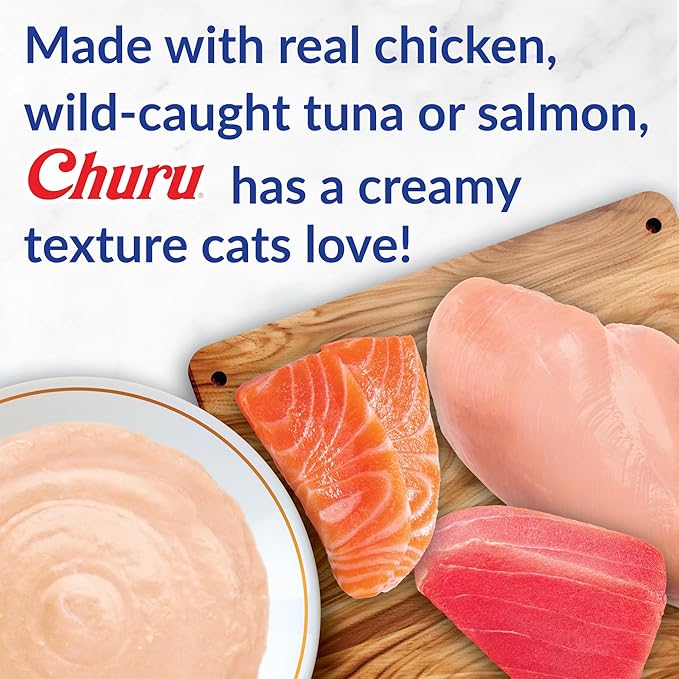 INABA Churu Cat Treats, Lickable, Squeezable Creamy Purée Cat Treat with Green Tea Extract & Taurine, 0.5oz. Each Tube, 24 Tubes (4 per Pack), Tuna Recipe
