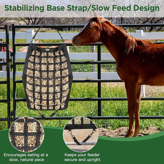 Hay Bags for Horses Slow Feed,Heavy Duty Oxford Fabric with Widening Side Design, Full Back Zipper & Adjustable Strap for Easy Filling, Hanging and Clean Eating New Version