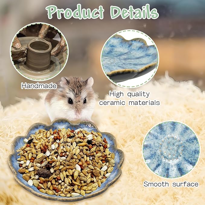 BNOSDM Shallow Ceramic Hamster Food Dish 2 Pcs Small Animals Food Bowl Sunflower Feeding Dishes for Gerbils Mice Rats 4.5in (Dark Blue)