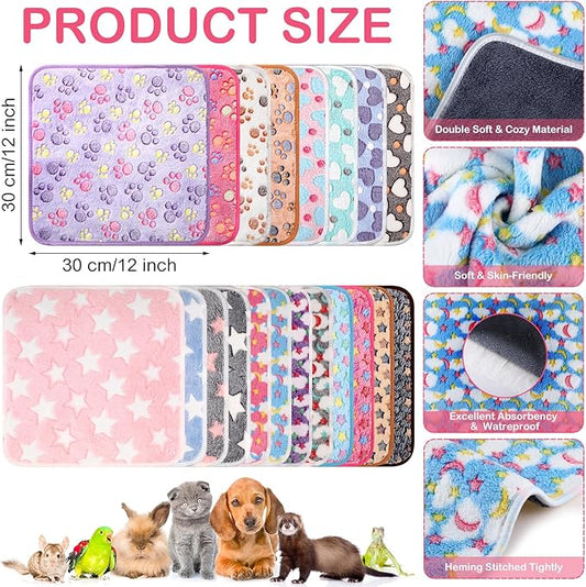 Newwiee 20 Pcs Waterproof Small Pet Fleece Blanket Bulk Washable Small Animal Cage Bedding Guinea Pig Puppy Dog Cat Pee Pad Liner Accessories(Assorted,12 x 12 Inch)