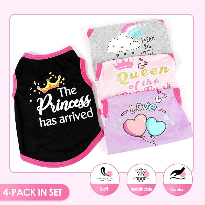 4 Pack Dog Shirts for Small Dogs Spring Summer Printed Puppy Clothes Cute Pet T Shirts Dog Clothes for Small Dogs Cats Girl (Grey+Pink+Purple,Black, XS)