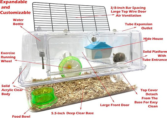 Acrylic Clear 2-Levels Hamsters Mice Gerbils Deluxe Palace House Habitat Home Running Wheel Water Bottle Tower Food Bowl Hide House Deep Base Expansion Outlet