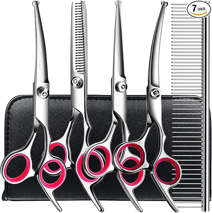 6 in1 Professional Dog Grooming Scissors Kit, Dog Shears for Grooming with Safety Round Tips, Titanium Coated Grooming Scissors for Dogs Cat Pet At Home