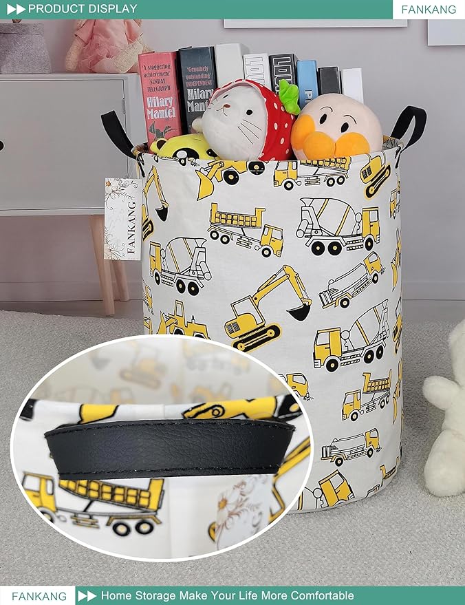 Storage Basket, Nursery Hamper Canvas Laundry Basket Foldable with Waterproof PE Coating Large Storage Baskets for Kids Boys and Girls, Office, Bedroom, Clothes,Toys（excavator）