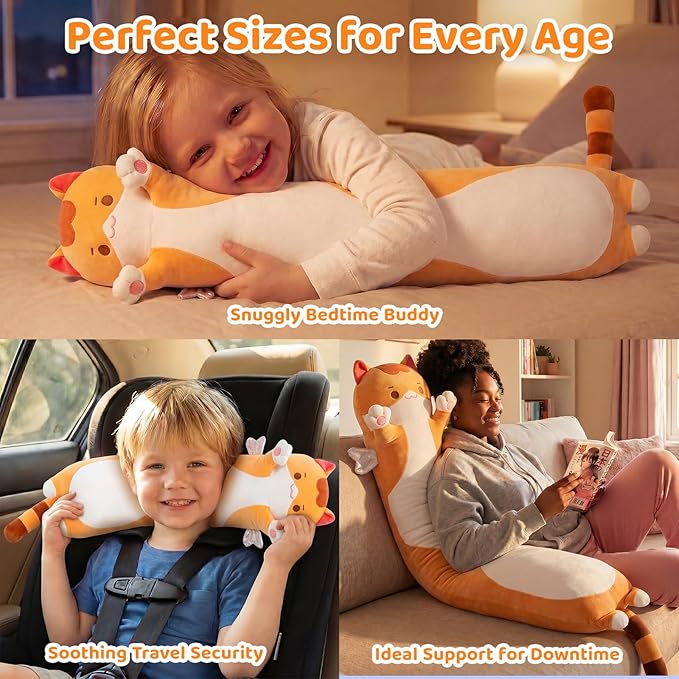 Mewaii Long Cat Plush 5 Sizes, 120% Extra Filling Giant Plushness Kids Body Pillow, Kawaii Cute Brown Cat Stuffed Animals Plushies, Big Long Body Pillow Cat Plush Gift for Girls 20”