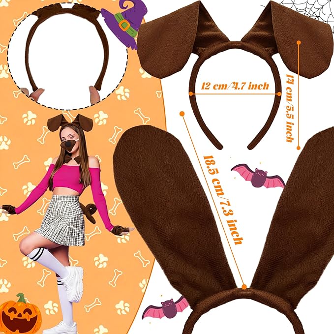 5Pcs Puppy Dog Costume Accessories Set,Dogs Long Ear Headband Nose Tail Gloves Bow Tie for Halloween Cosplay Prop Supplies Decor