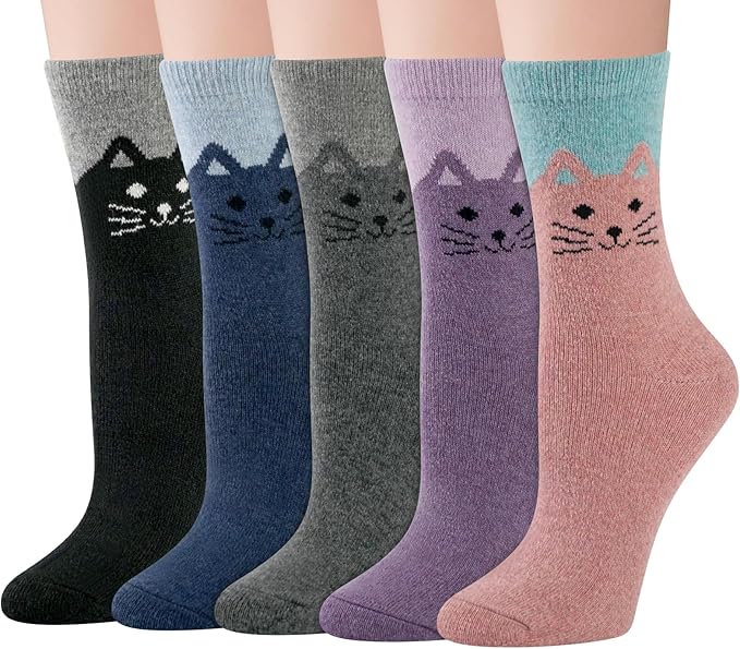 Justay 5 Pairs Womens Wool Socks Thick Warm Winter Socks Casual Cozy Socks Vintage Knit Crew Socks Gift for Women