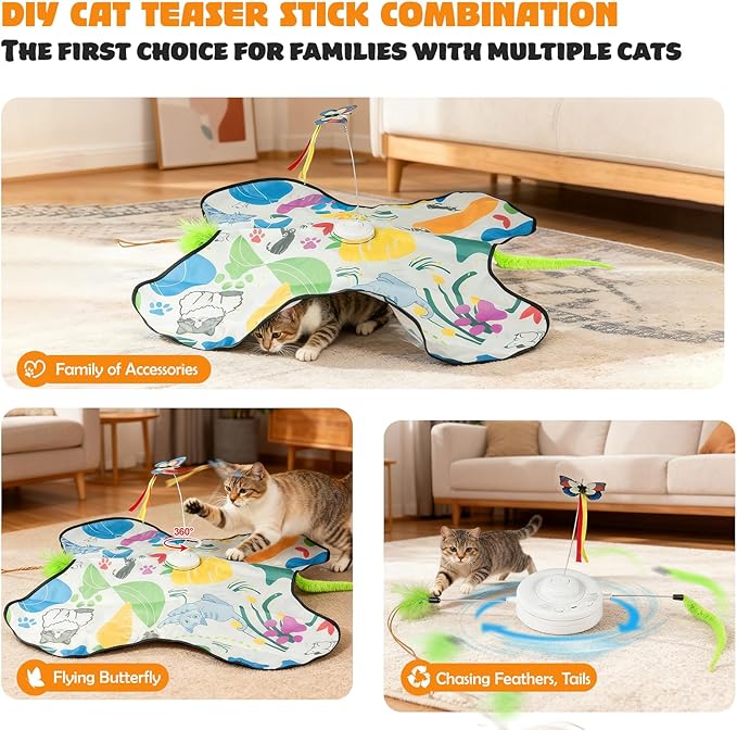 Interactive Cat Toys Rechargeable for 4 in 1 Hide and Seek Game, Moving Concealed Wand Feathers, Real Mouse Squeaky, Durable Exercise Toys for Indoor Cats for Bored Adult Cats Wand Toy