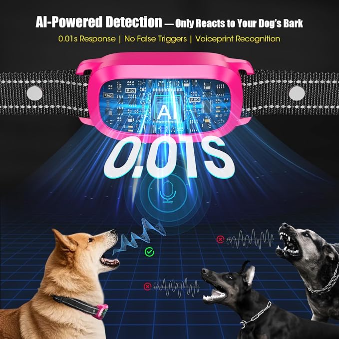 Smart AI Bark Collar for Large Medium Small Dogs, Anti Barking Device with 5 Work Modes, Exclusive Forced Bark-Stopping, Rechargeable IP67 Waterproof Bark Collar with 5 Sensitivity (Hot Pink)