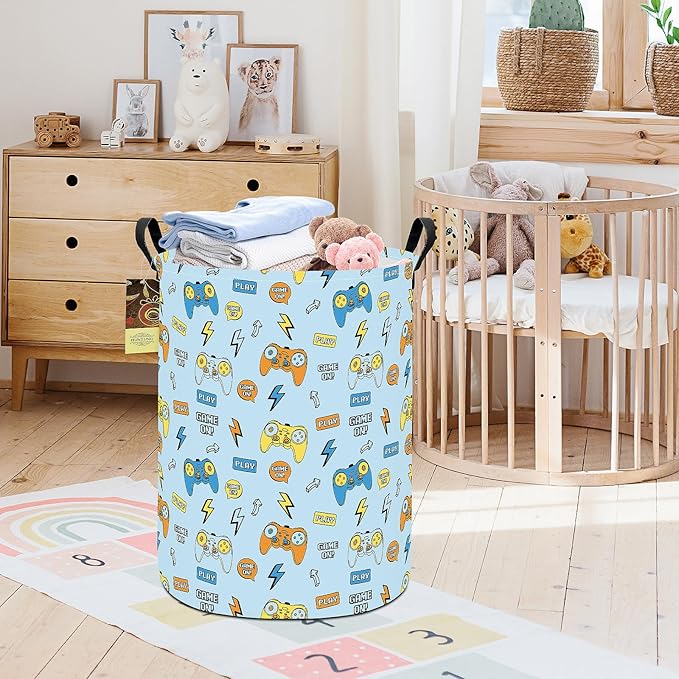 Collapsible Fabric Storage Basket, Waterproof Laundry Hamper with Handles, Round Storage Bin for Clothes Toys, Foldable Organizer for Bedroom Nursery Bathroom(Round-Color Game)