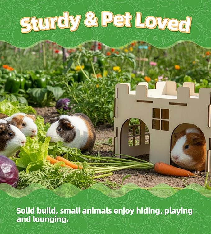 HIIMALEX Sturdy Guinea Pig Hideout Wooden Castle for Guinea Pig Chinchilla Hedgehog Gerbil Hamster Rat House Habitat for Playing and Hiding (GPT26)