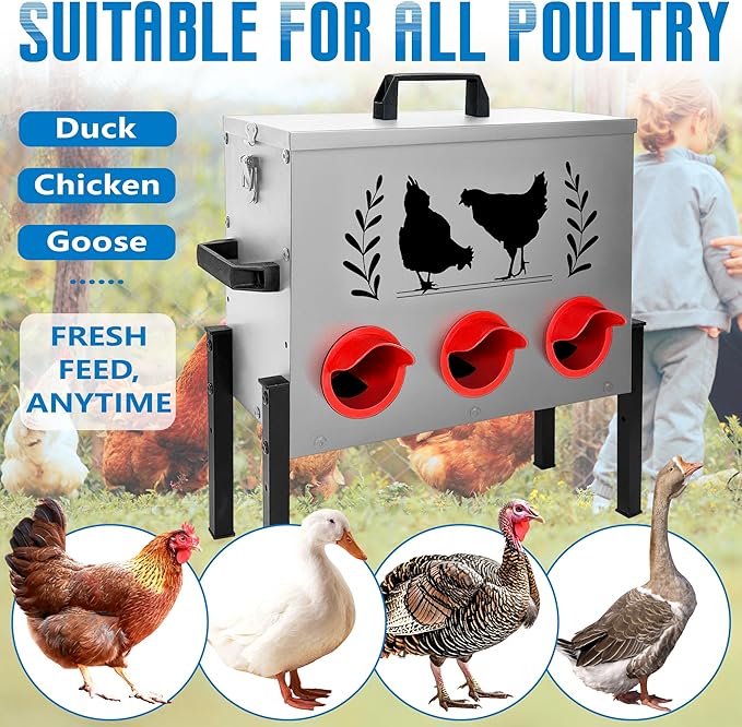 No Waste Automatic Chicken Feeder (30 LB), Rodent Resistant Metal Poultry Feeder with Locking Lid, Adjustable Stand & 8 Ports, Heavy Duty Weatherproof Feed Box for Hens, Ducks