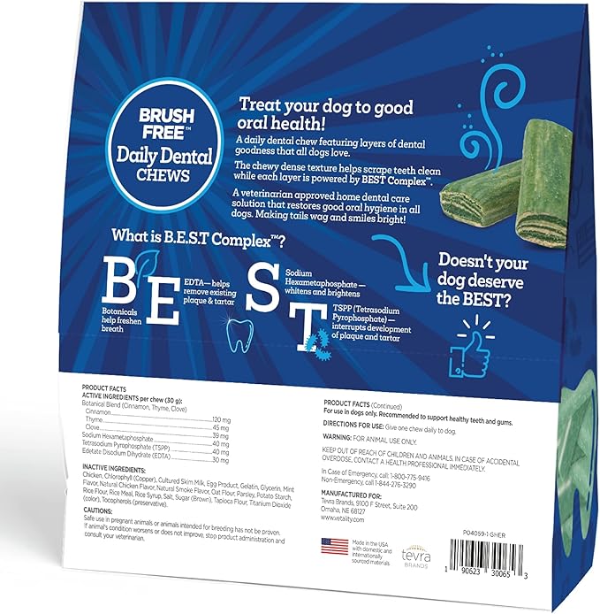 Vetality Brush Free Daily Dental Care Chews for Dogs | Cleans Teeth and Freshens Breath | 30 Count | B.E.S.T. Complex Provides Complete Oral Cleaning and Tartar Control (Pack of 3)