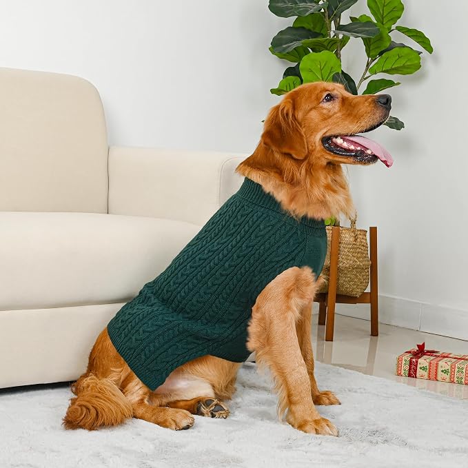 Dog Sweater 2 Pack for Large Dogs, Size XXL, Green & Brown | Stretchy cable knit turtleneck, machine washable, high belly cut, comfy winter fit for Golden Retriever, Labrador