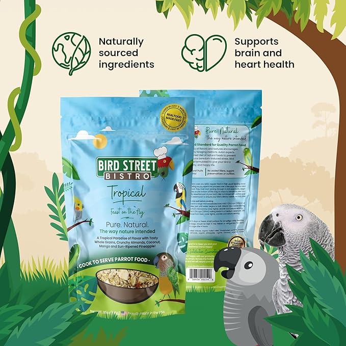 Bird Street Bistro Parrot Food for Parakeets & Cockatiels - Tropical - 18 oz - Cooks in 3-15 min, Natural Wholesome Grains, Fruits & Vegetables - USA Made
