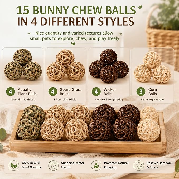 Skylety 15 Pieces Bunny Chew Balls for Rabbits, Small Animal Rolling Grass Toys and Treats for Guinea Pigs, Chinchillas, Hamsters, Mice, Teeth Grinding, Gnawing and Play(Classic Style,1.97")