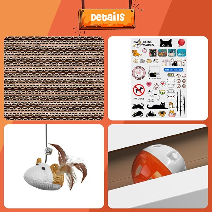 Cat Scratcher Laptop Cat Toy with 'Mouse' Jingle Ball, Stickers, 3-in-1 Cardboard Cat Interactive Toy, Kitten Cardboard Scratching Pad