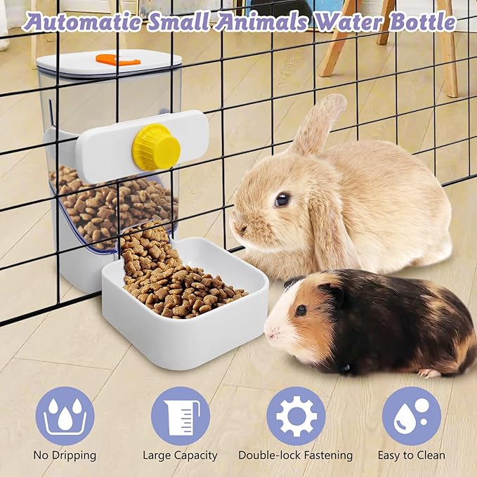 34oz Automatic Rabbit Food Dispenser for Cage Hanging Guinea Pig Feeder No Drip Bunny Food Bowl for Ferret Rat Hamster Chinchilla and Other Small Animals (White)