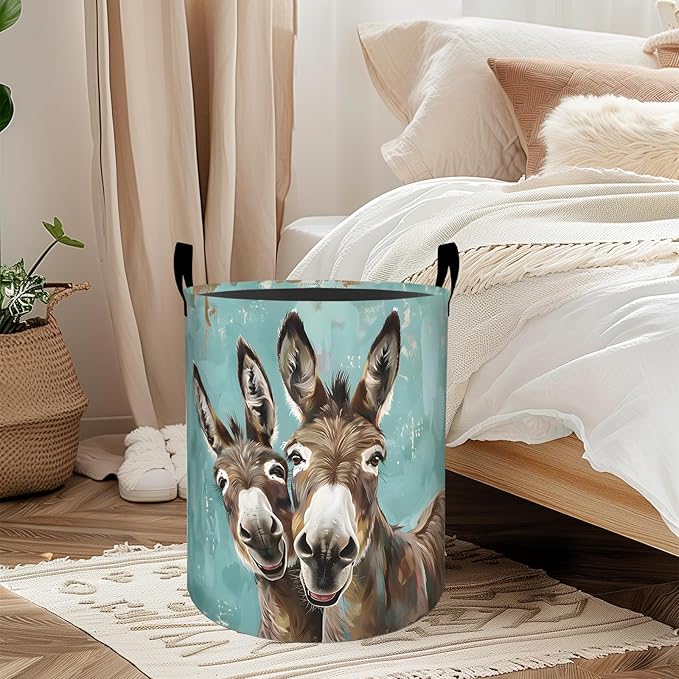 Funny Donkey Laundry Basket, Oxford Cloth Whimsical Playful Dirty Clothes Collapsible Hamper for Room Decor, Farm Animal Print Gifts Toy Organizer 19.7 * 15.8 Inch for Bedroom Bathroom Dorm