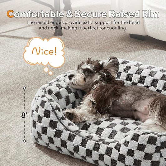 JOEJOY Dog Beds for Small Dogs -Cute Cat Beds for Indoor Cats Calming Pet Beds, Rectangle Orthopedic Cuddle Puppy Bed with Jacquard Shaggy Plush & Anti Slip Bottom, 20x19x6inches, Grey