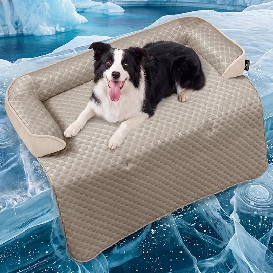 Large Cooling Dog Bed Mat - 41 x 37 inch Waterproof Couch Cover for Dogs Washable, Non-Slip Bottom Self Cooling Mat for Dogs, Durable & Non-Gel, Dog Couch Bed for Sofa Floor Car, Taupe