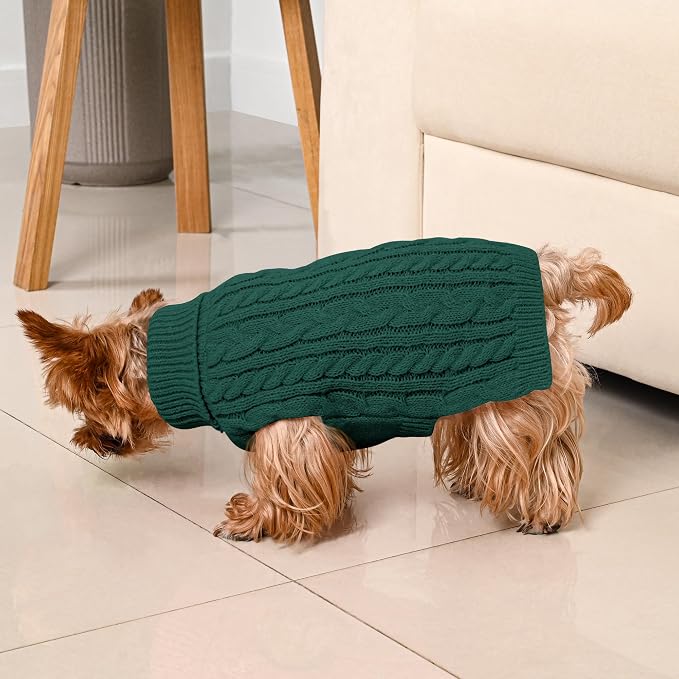 Dog Sweater 2 Pack for Small Dogs, Size XS, Red & Green | Stretchy cable knit turtleneck, machine washable, high belly cut, comfy winter fit for Chihuahua, Yorkie