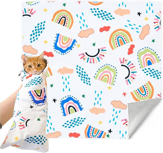 21.7'' Cat Grooming Wrap for Cutting Nails Self-Adhesive Soft Polyester Fabric Swaddle Wrap for Cats Anti-Scratch Anti-Escape Restraint for Nail Clipping Pet Cleaning and Beauty (Rainbow,L)
