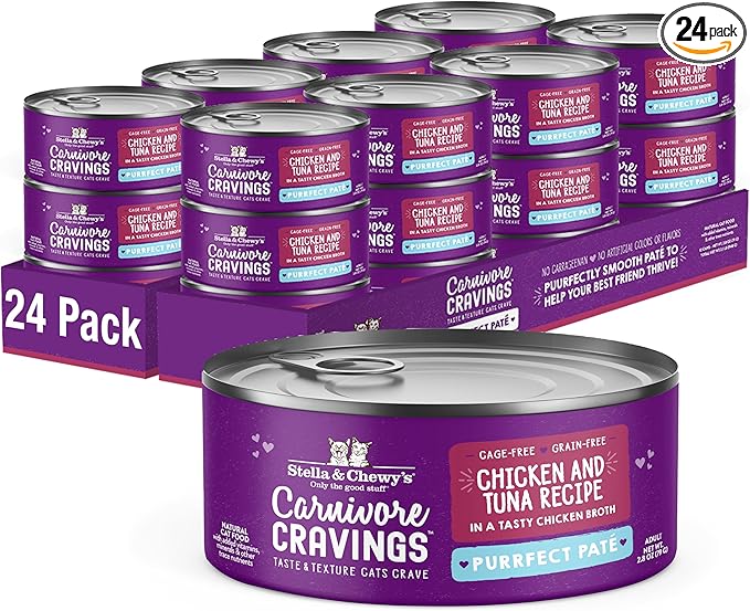 Stella & Chewy's Carnivore Cravings Purrfect Paté - Premium Grain-Free Wet Cat Food - Chicken & Tuna Recipe - High Protein with Bone Broth - Perfect for Picky Eaters - 2.8oz Cans (24 Pack)
