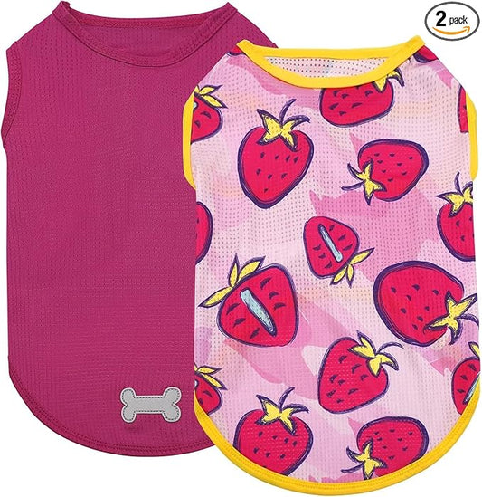 KYEESE 2Pack Dog Shirt, Lightweight Sun Protection Dog T Shirts for Small Dogs Girl, Breathable Mesh Tank Top Sleeveless Pet Reflective Vest, Soft Summer Dogs Clothes, Strawberry+Rose Red, L