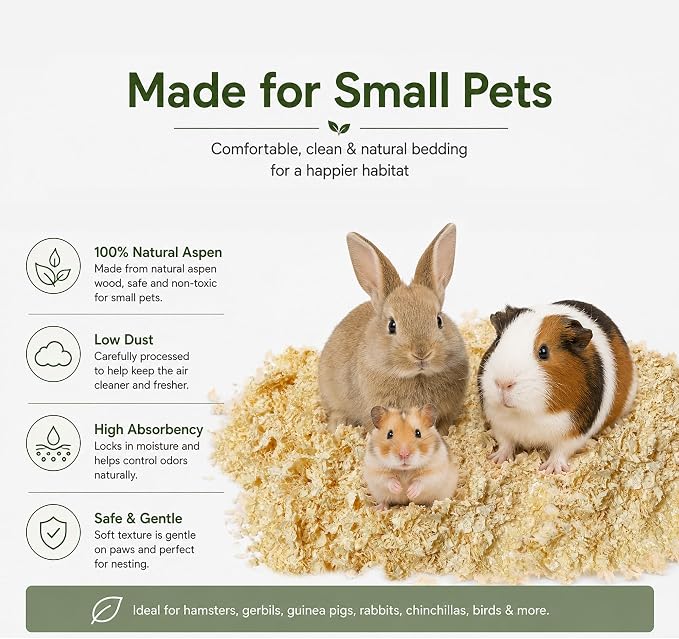 35oz Natural Aspen Wood Pet Bedding – Low Dust, Odor Control & Ultra Absorbent Shavings for Hamsters, Parrots, Guinea Pigs & Small Animals