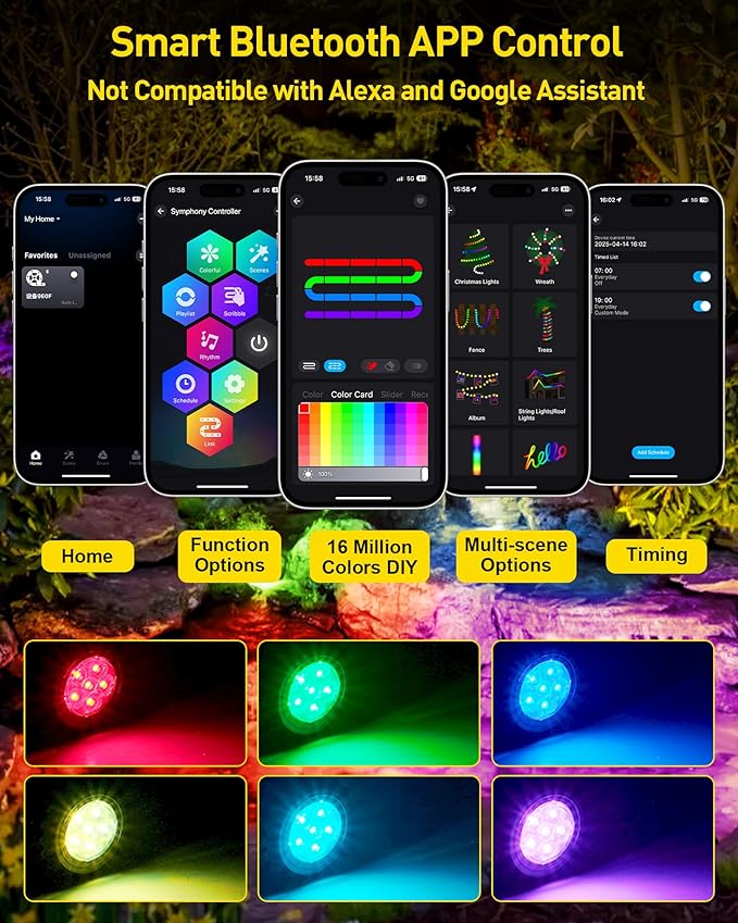 T-SUN Colored Pond Lights, Bright LED Underwater Pond Light Submersible Fountain Lights APP and Remote Control,Dimmable,Timer, IP68 Waterproof Fish Tank Light for Aquarium Fountain Garden (4-Head)