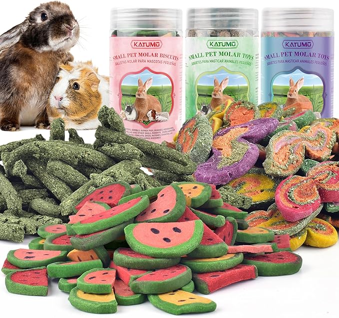KATUMO 3PCS Rabbit Chew Treats - Mixed Natural Timothy Hay Pumpkin Carrot Beet Spinach Chew Toys for Rabbit Guinea Pig Hamster Bunny Chinchilla Gerbil Small Rodent Pets