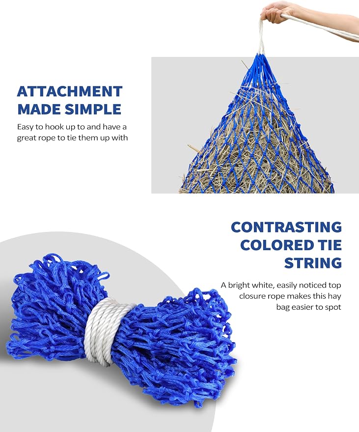 Harrison Howard Slow Feed Hay Net for Horses, 40 Inch Hay Bag Holds 1–2 Flakes, 2 Inch Mesh Durable Hanging Feeder for Stable, Pasture & Livestock-Blue