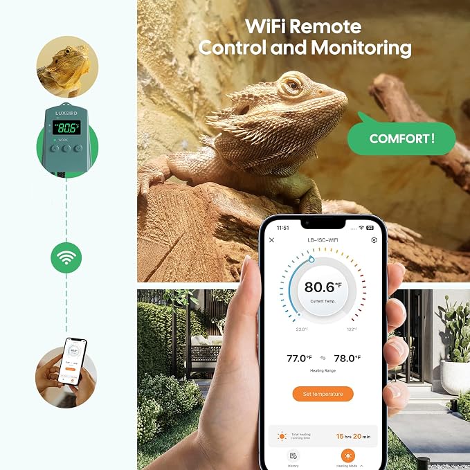 WiFi Digital Heat Mat Thermostat Controller, 32-113°F with Heating Cooling Mode, 365 Day Data Export, 1200W, High/Low Temp Alerts, Plug & Play for Reptile Seedling Brewing Breeding Greenhouse