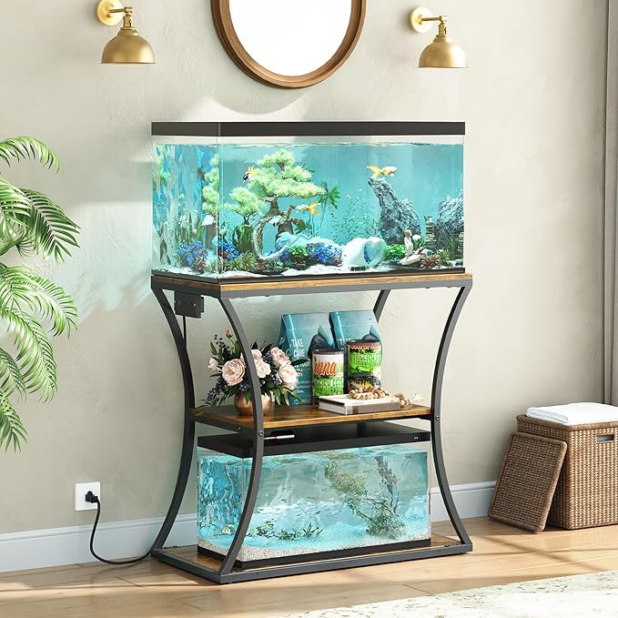 HavenlyYouth 20-29 Gallon Fish Tank Stand with Power Outlet, 3-Tier Aquarium Stand with Storage, Heavy Duty Metal Frame Tank Rack for Home Office, 31.5" L x 15.7" W x 30.4" H, Rustic Brown