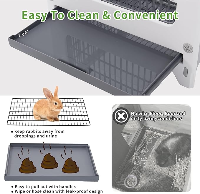 Rockever Plastic Rabbit Cage Outdoor Indoor, Waterproof Rabbit Hutch-Leak-Proof Pull-Out Tray&Chew-Proof, Bunny Cage Guinea Pig Cages with Run, Easy-Clean & Ideal for Small Animal(Grey)