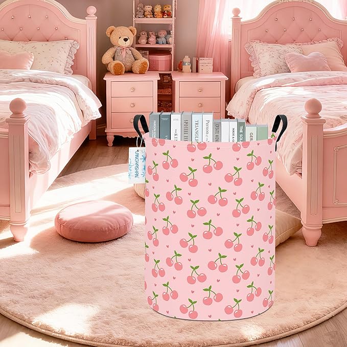 Laundry Basket Canvas Fabric Collapsible Organizer Basket for Storage Bin Toy Bins Gift Baskets Bedroom Clothes Children Nursery Hamper (Pink Cherry)