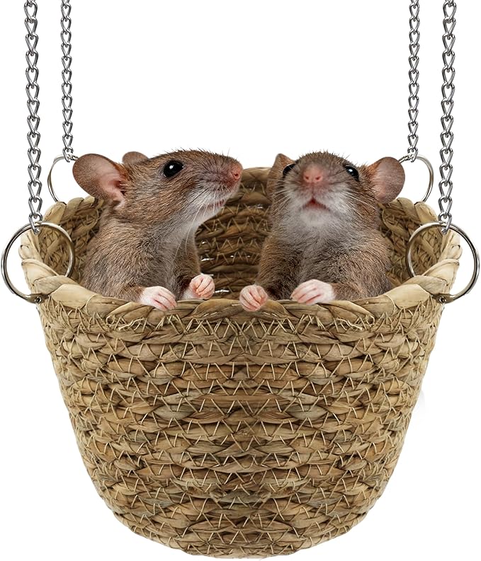 Natural Grass Rat Hammock for Cage, Tightly Woven Non-Collapse Rat Bed, Chew Proof Rodent Hammock for 1-2 Rats to Snuggle, Hanging Bowl-Shaped Rats Cage Bed with Sturdy Hooks for Full Protection