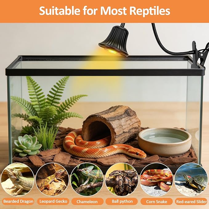 Reptile Heat Lamp, Heating Lamp for Reptiles with UVA UVB, 2H,4H, 8H, 10H Cycle Timing&Stepless Dimming Adjustment Basking Light for Turtle, Bearded Dragon, Lizard and More, 2 Bulbs 50W+75W