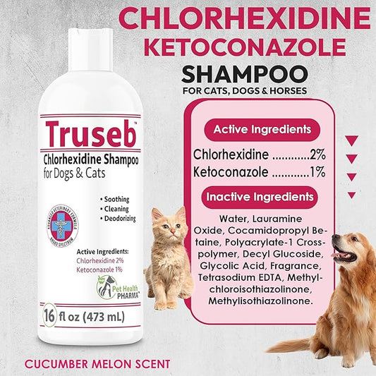 Truseb Chlorhexidine Shampoo for Dogs Cats & Horses with Aloe Vera - Medicated Antibacterial Antifungal Ketoconazole Dog Shampoo and Conditioner -Skin Irritation, Hot Spots, Redness Relief (16 oz)