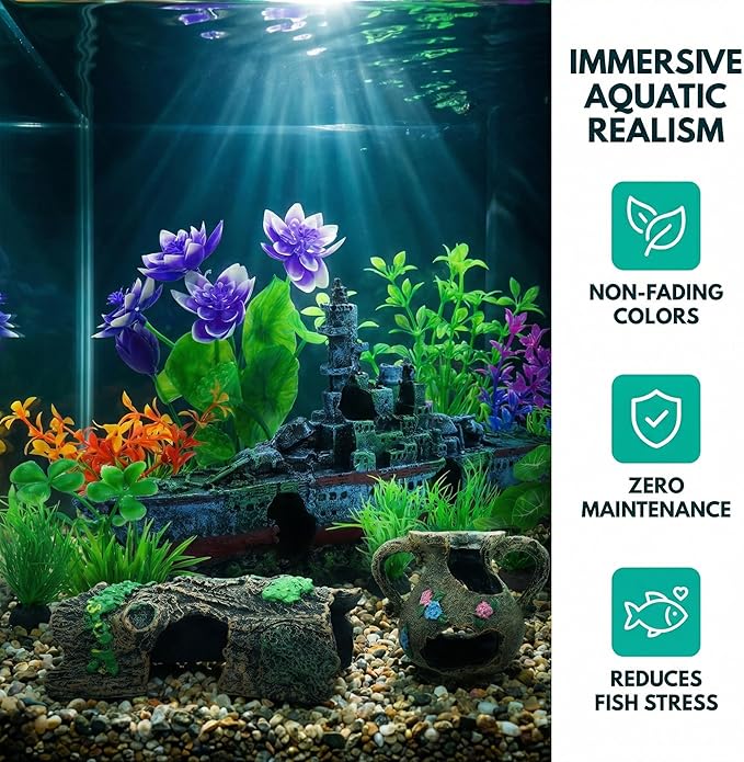 Aquarium Artificial Plastic Plants Decorations and Sunken Ship Set Goldfish 14 PCS Large Fish Tank Accessories Goldfish Betta Tank Decor