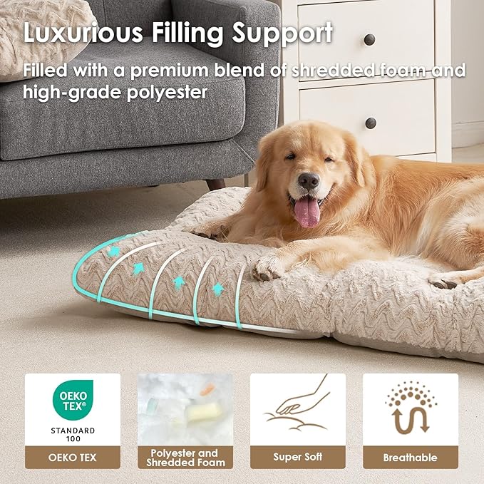 EHEYCIGA XXL Washable Dog Bed for Crate 47x29 Inch, Reversible Kennel Pad for Extra Large Dogs Weight Up to 100 lbs, Plush and Comfy Pet Sleeping Mat, Beige