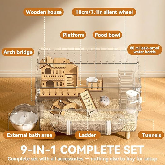 9 in 1 Acrylic Hamster Cage, Clear Dwarf Hamster Cage, with Tubes and All Accessories, 2-Tier Mouse Habitat, Easy to Clean, Suitable for Small Pets (Transparent)
