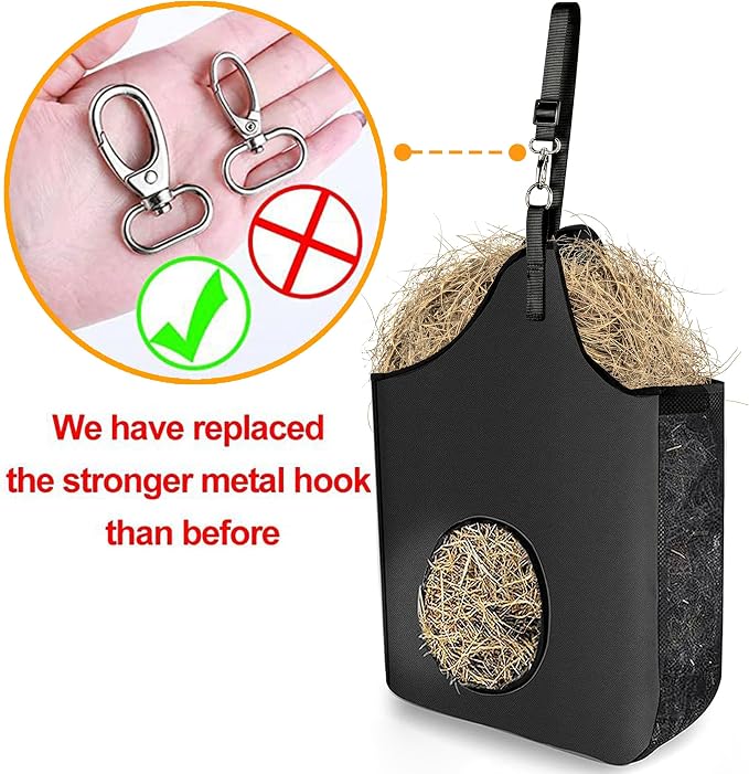 2 Pcs Hay Bag Hanging Goat Feeder Tote Premium Oxford Cloth with Metal Ring and Adjustable Strap for Horses Donkeys Cows Alpacas Ostriches or Other Animals Black