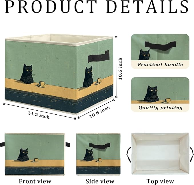 Vintage Coffee Black Cat Storage Bin Box, Cat Lover Mom Lady Grandma Gifts Collapsible Storage Basket Organizer for Bedroom Bathroom Home Clothes Toys Books, Toybox for Girls