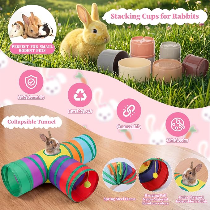 34 Pcs Rabbit Starter Kit Rabbit Litter Box Small Animal Water Bottle Cups Bunny Tunnels Animal Grooming Kit Bowl Blanket with Cleaning Set for Guinea Pig Bunny Accessories (Style 2,Pink)