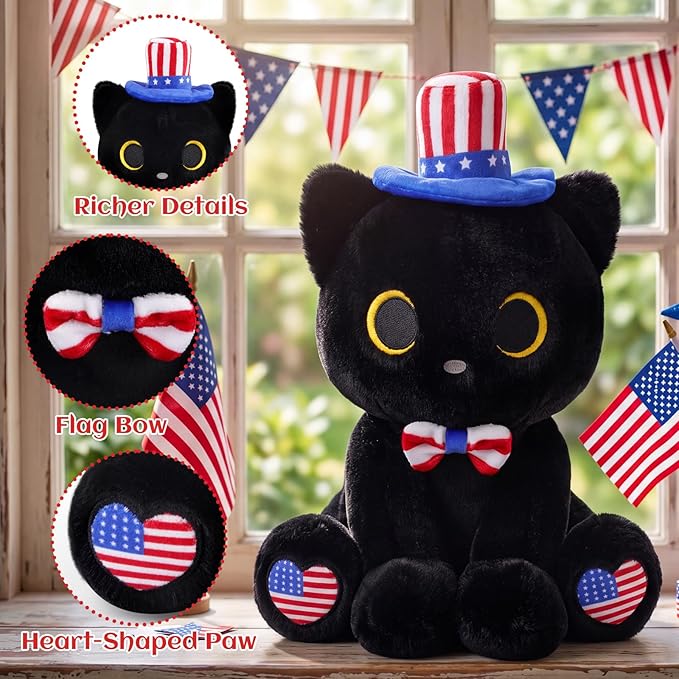 Black Cat Plush with USA Hat & Bow Tie - 8" Cute Stuffed Animal for 4th of July, Memorial Day Decorations & Kawaii Plushie Gifts for Kids Adults