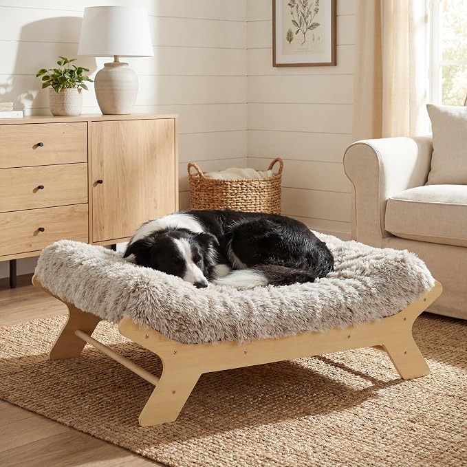 Muihood Wood Elevated Dog Bed Frame and Egg Crate Foam Mattress, Luxurious Suitable for Pets Up to 80 lbs, NaturalWood Pattern, L